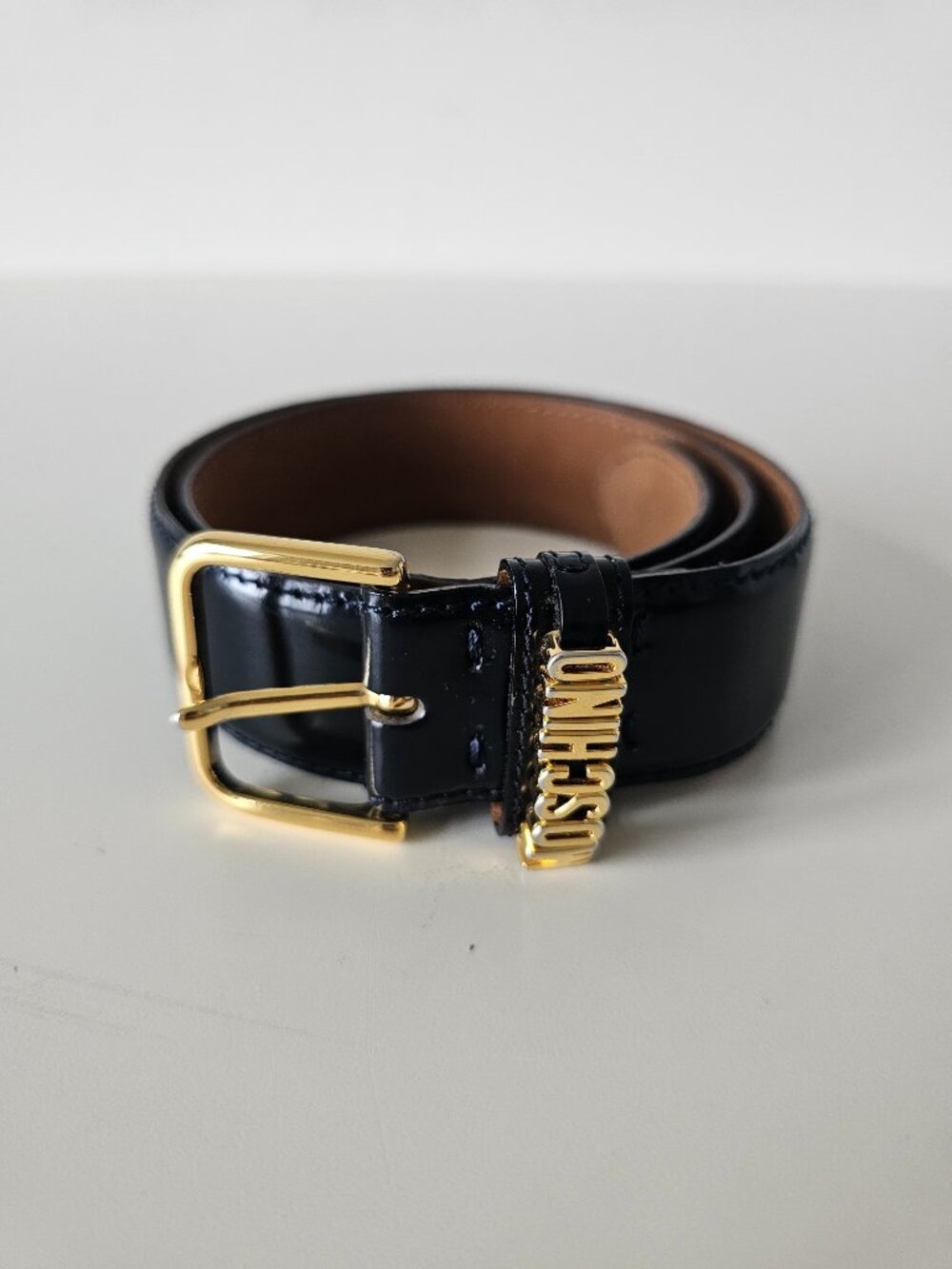 MOSCHINO Black Genuine Patent Leather Women's Vintage Belt 40, Made In Italy